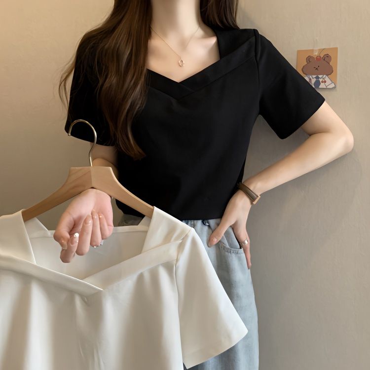 Áo Thun Tay Ngắn Cổ Vuông Thiết Kế Đơn Giản Thoải Mái Thời Trang Mùa Hè Cho Nữ