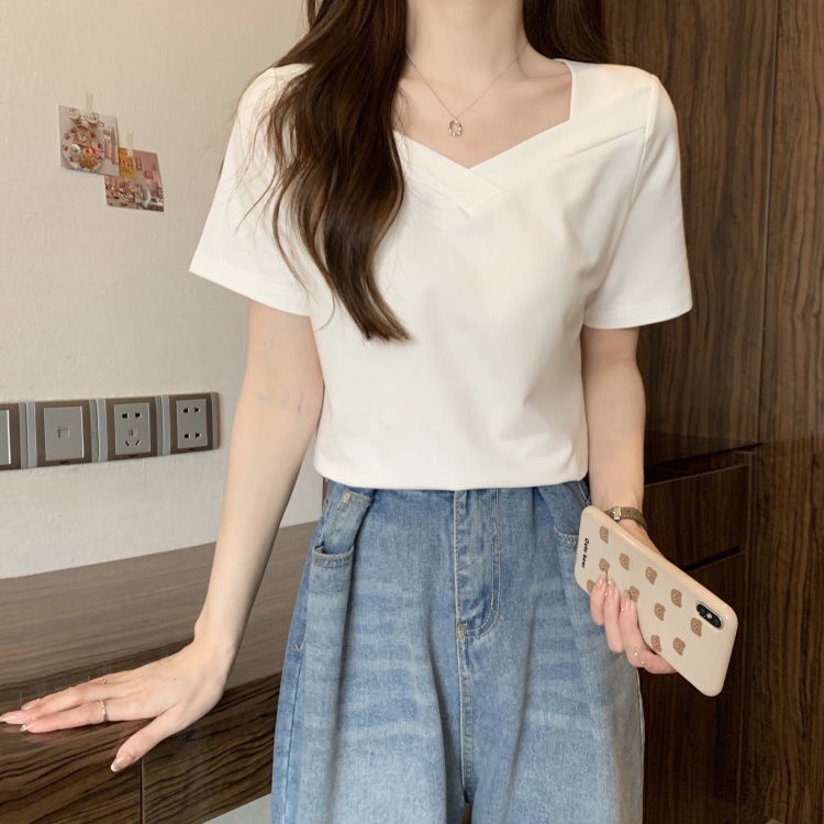 Áo Thun Tay Ngắn Cổ Vuông Thiết Kế Đơn Giản Thoải Mái Thời Trang Mùa Hè Cho Nữ