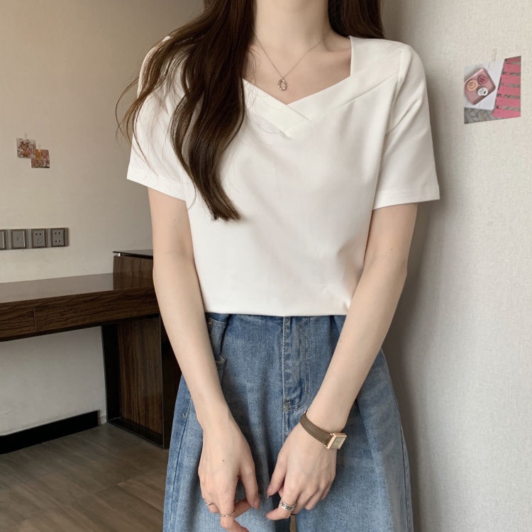 Áo Thun Tay Ngắn Cổ Vuông Thiết Kế Đơn Giản Thoải Mái Thời Trang Mùa Hè Cho Nữ