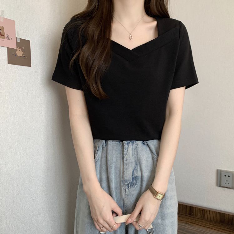 Áo Thun Tay Ngắn Cổ Vuông Thiết Kế Đơn Giản Thoải Mái Thời Trang Mùa Hè Cho Nữ