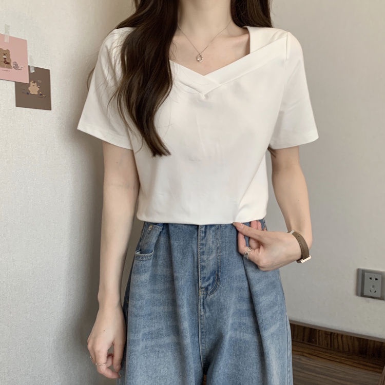 Áo Thun Tay Ngắn Cổ Vuông Thiết Kế Đơn Giản Thoải Mái Thời Trang Mùa Hè Cho Nữ