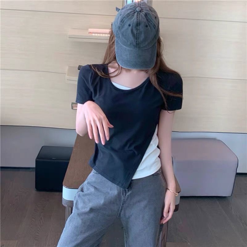 Áo Thun Ngắn Tay Giả Hai Lớp Thiết Kế Lệch Tà Thời Trang Mùa Hè Cho Nữ