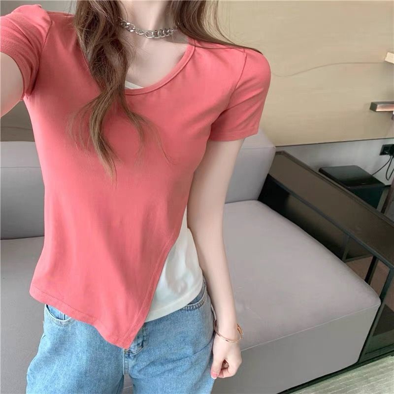 Áo Thun Ngắn Tay Giả Hai Lớp Thiết Kế Lệch Tà Thời Trang Mùa Hè Cho Nữ