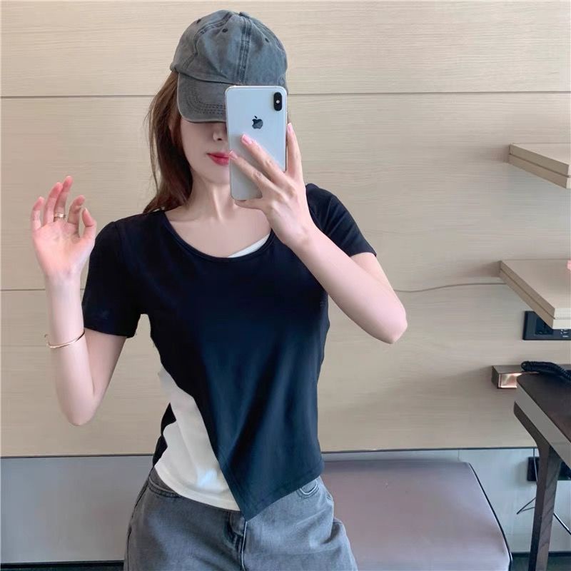 Áo Thun Ngắn Tay Giả Hai Lớp Thiết Kế Lệch Tà Thời Trang Mùa Hè Cho Nữ