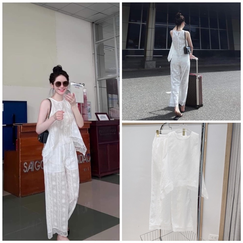 Set áo babydoll mix quần ống suông trắng