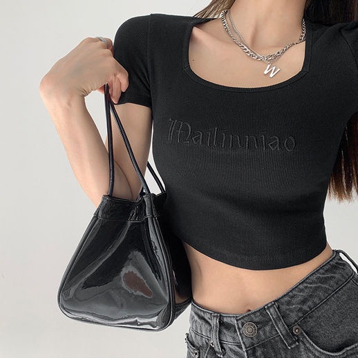 Áo Kiểu Cổ Vuông Ngắn Tay Ôm Dáng Thêu Chữ Phong Cách Retro Mỹ