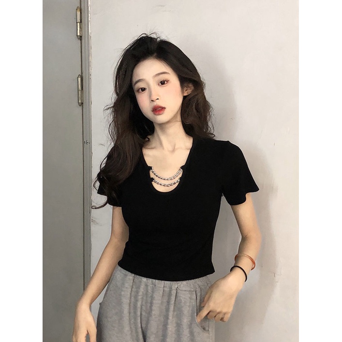 Áo Thun Ngắn Tay Cổ Chữ U Dáng Ôm Thời Trang Mùa Hè Dành Cho Nữ