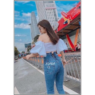 Quần jean nữ lưng cao 4 CÚC TRƯỚC phối CỘT NƠ SAU EO màu xanh chất jean giãn tốt DD3-16
