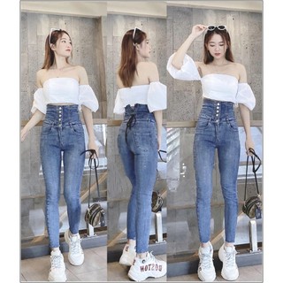 Quần jean nữ lưng cao 4 CÚC TRƯỚC phối CỘT NƠ SAU EO màu xanh chất jean giãn tốt DD3-46