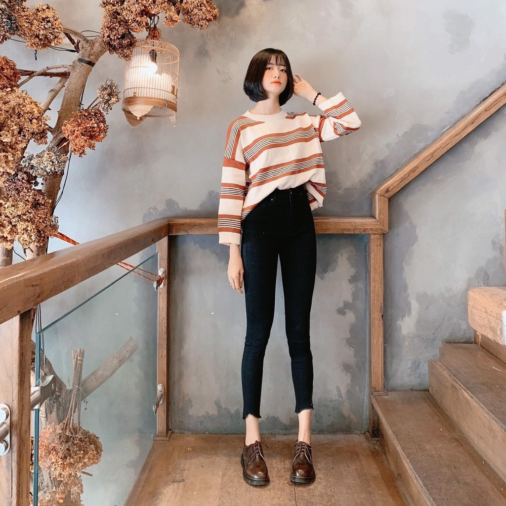 Quần jean nữ lưng cao fome DÀI ĐEN KHOÉT RÁCH TUA LAI ( SIZE 26-34 ) MKK9