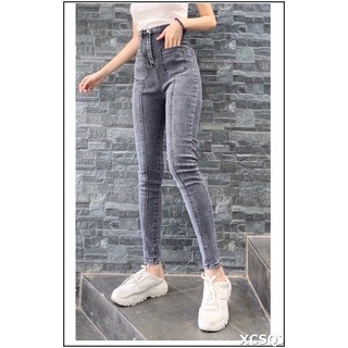 Quần jean nữ lưng cao XÁM - SỌC GIỮA LAI HAI TÚI TRƯỚC GIỮA SỌC chất jean giãn tốt -giuasoc6