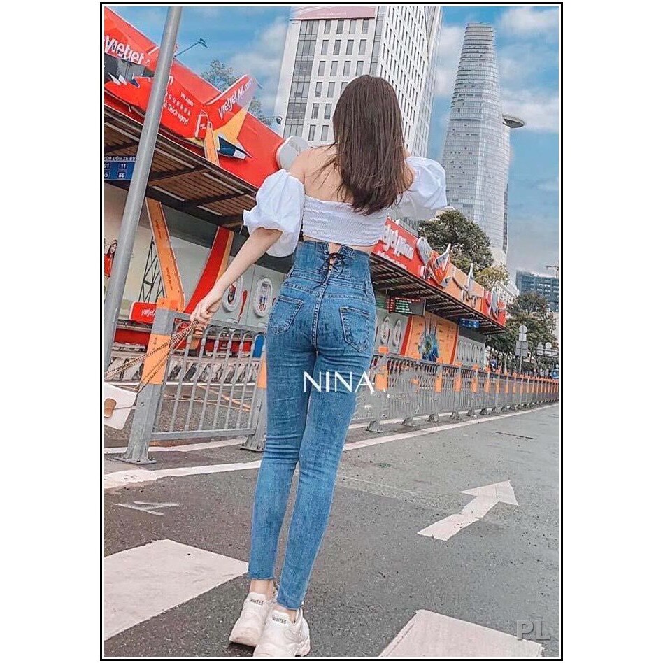Quần jean nữ lưng cao 5 CÚC TRƯỚC phối CỘT NƠ SAU EO màu xanh chất jean giãn tốt ccos1-26