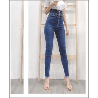 Quần jean nữ lưng siêu cao phối 3 CÚC TRƯỚC màu xanh siêu hot 333- 185 / 5
