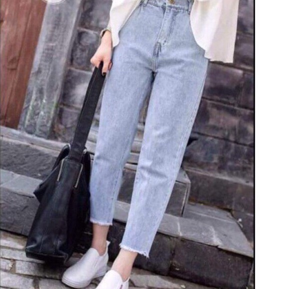 QUẦN JEAN BAGGY 9 TẤC RÁCH HỞ, LƯNG THUN, TRƠN TUA LAI XANH NHẠT V8 SIZE S,M,I