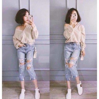 QUẦN JEAN NỮ BAGGY RÁCH HỞ, LƯNG THUN VÀ IN CHỮ NHIỀU 3088 MD01