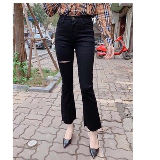 QUẦN JEAN NỬ ỐNG LOE MÀU ĐEN RÁCH 2 ĐƯỜNG GỐI PHONG CÁCH P015