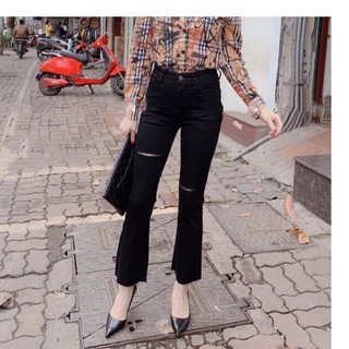QUẦN JEAN NỮ ỐNG LOE ĐEN KÈM KIỂU RÁCH PL 015 XỊN