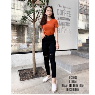 quần jean nữ lưng cao đen rách ngang gối 50 0