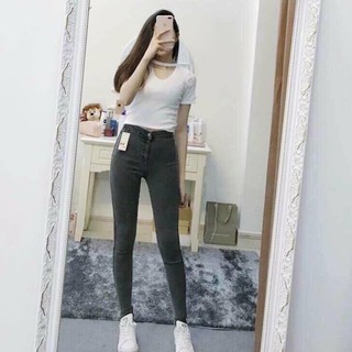 quần jean nữ xám đai kiểu trơn Q266