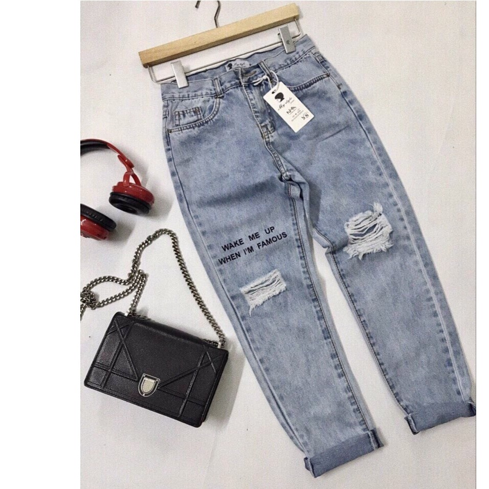quần bò nữ BAGGY 9 tấc RÁCH HỞ,LƯNG THUN VÀ IN CHỮ RÁCH GỐI 521 - 982