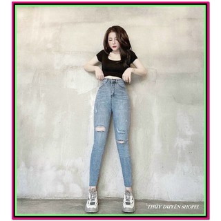 Quần jean nữ RÁCH MÀU XANH 998 chất jean giãn tốt fome chuẩn xịn -ZZA1