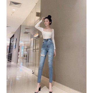 Quần jean rách nữ lưng cao rách 899 màu xanh nhạt hình thật mẫu mới có big size quần bò nữ rách thời trang có size đại
