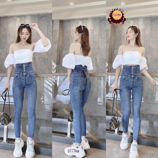 Quần jean nữ lưng cao 4 CÚC TRƯỚC phối CỘT NƠ SAU EO màu xanh và đen thời trang, quần bò nữ chất jean giãn tốt 5cs1-26
