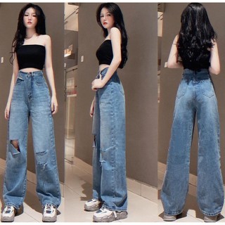 Quần jean nữ ống rộng suôn xanh vừa TÚI 1 BÊN RÁCH GỐI 3 mẫu xịn p4