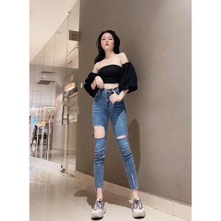 Quần Jean Nữ Lưng Cao Rách 2 BÊN To Nhỏ phối Rách lai chất jean giãn tốt ms1668 -6