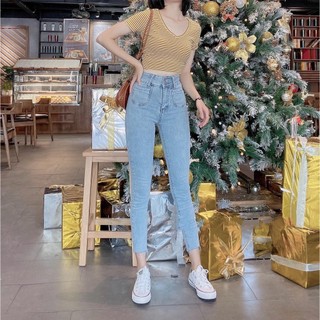 Quần jean nữ  HAI CÚC + HAI TÚI BẦU XANH NHẠT  chất jean giãn siêu đẹp ( lưng cao qua rốn 5cm ) sp3-2