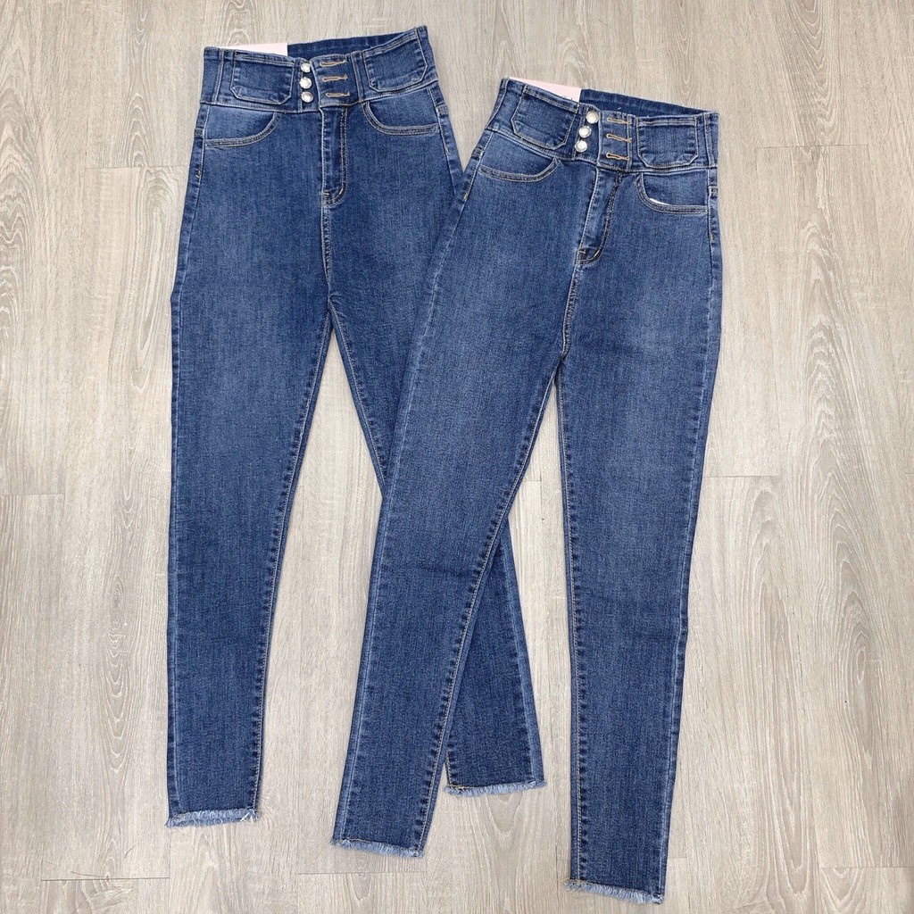 Quần jean nữ lưng siêu cao phối 3 CÚC TRƯỚC màu xanh siêu hot ms1-185 / 1
