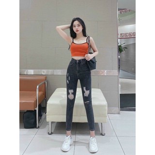 Quần jean nữ lưng cao RÁCH hình thật xám đen tiêu chất jean giãn tốt đt29/12-1-6