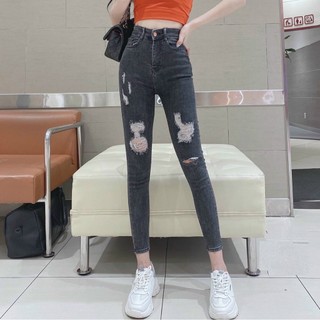 Quần jean nữ lưng cao RÁCH hình thật xám đen tiêu chất jean giãn tốt đt29/12-1-21