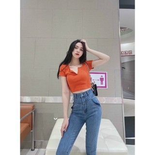 Quần jean nữ lưng cao LẰN V ĐAI TRƯỚC màu xanh PHONG CÁCH chất jean giãn tốt Vlantu-1-21