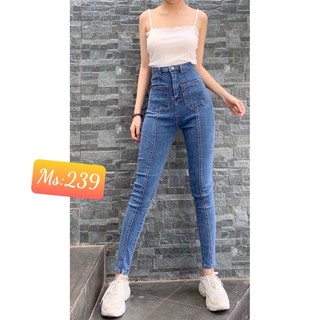Quần jean nữ lưng siêu cao SỌC GIỮA + 2 TÚI GIỮA SỌC màu xanh và xám, quần bò nữ đai cao dáng ôm thời trang L239 -U2