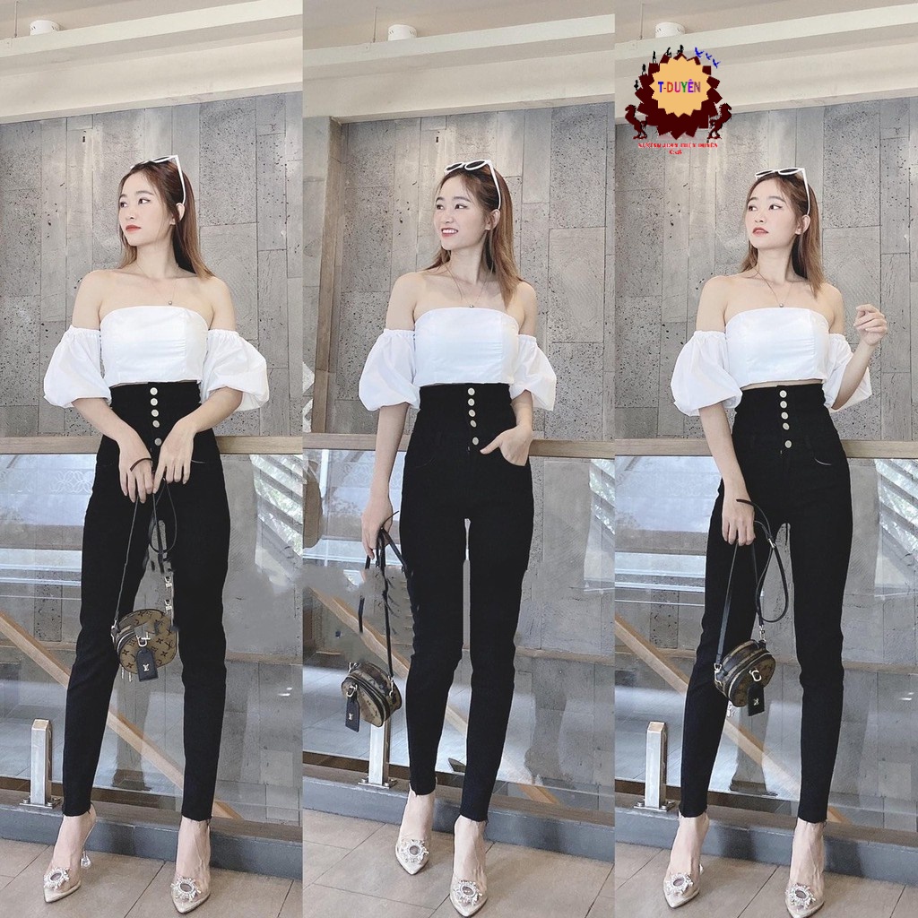 Quần jean nữ lưng SIÊU cao 4 CÚC TRƯỚC PHỐI CỘT DÂY SAU chất jean giãn tốt 5K1-1