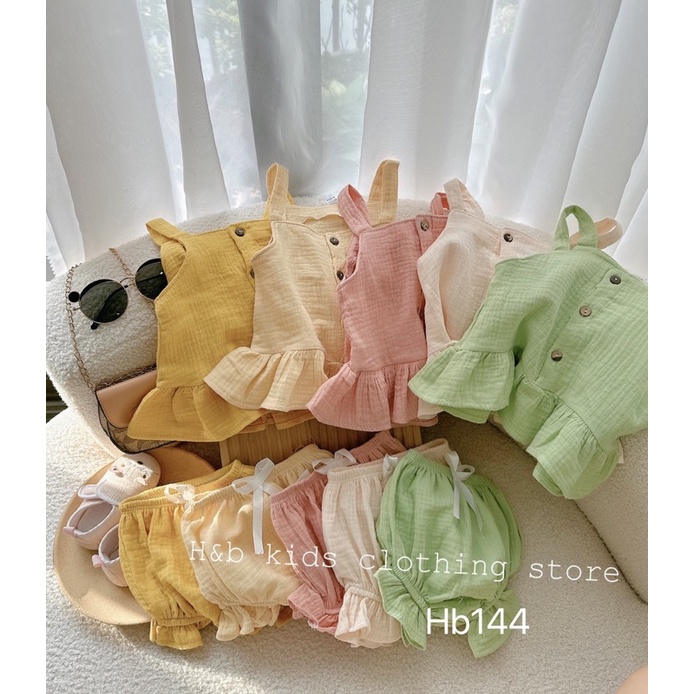 Bộ xô muslin 2 dây cúc ngực cực xinh cho bé gái