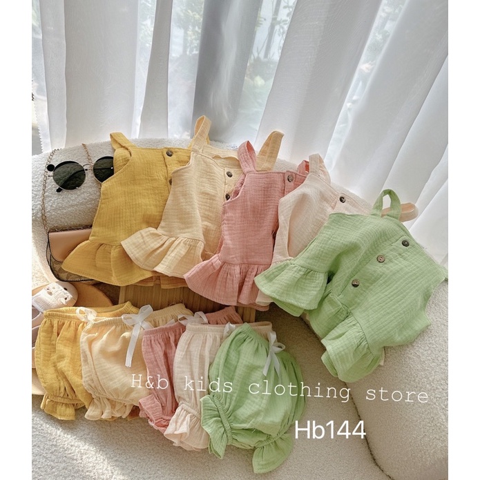 Bộ xô muslin 2 dây cúc ngực cực xinh cho bé gái