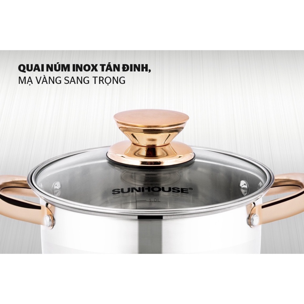 Nồi inox bếp từ 5 đáy nắp kính SUNHOUSE 16-20-24 CM Siêu Dày