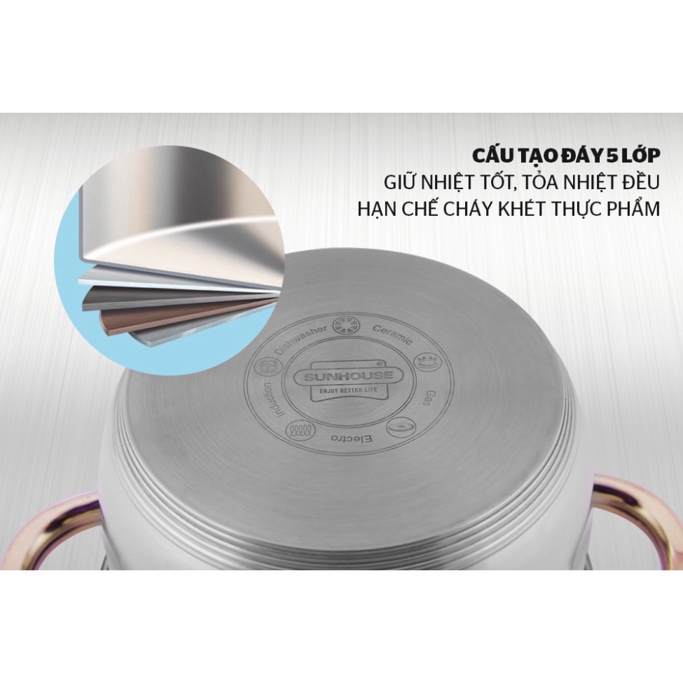 Nồi inox bếp từ 5 đáy nắp kính SUNHOUSE 16-20-24 CM Siêu Dày