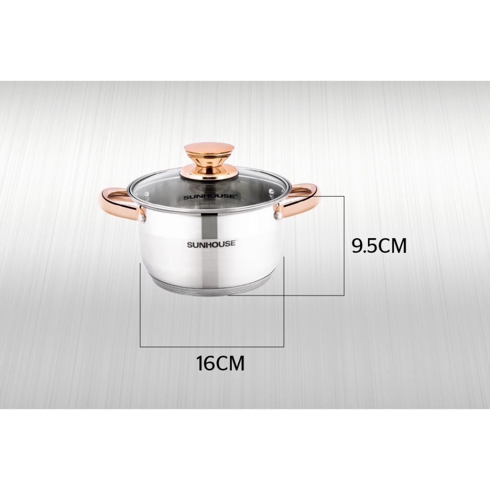 Nồi inox bếp từ 5 đáy nắp kính SUNHOUSE 16-20-24 CM Siêu Dày