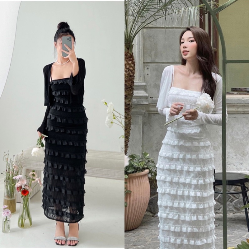 ( Chuẩn Loại 1 Kèm Ảnh Thật ) Set Đầm Váy Maxi Body Ren Tầng 2 Dây Dáng Dài Phối Cardigan Phối Bèo Đen Trắng