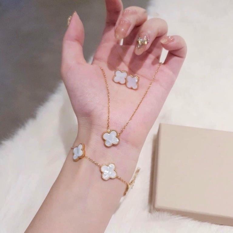 Set Dây Chuyền + Khuyên Tai Cỏ Bốn Lá Titan, vòng cổ nữ cỏ bốn lá cao cấp, khuyên tai nữ loại 1 siêu hot - không rỉ