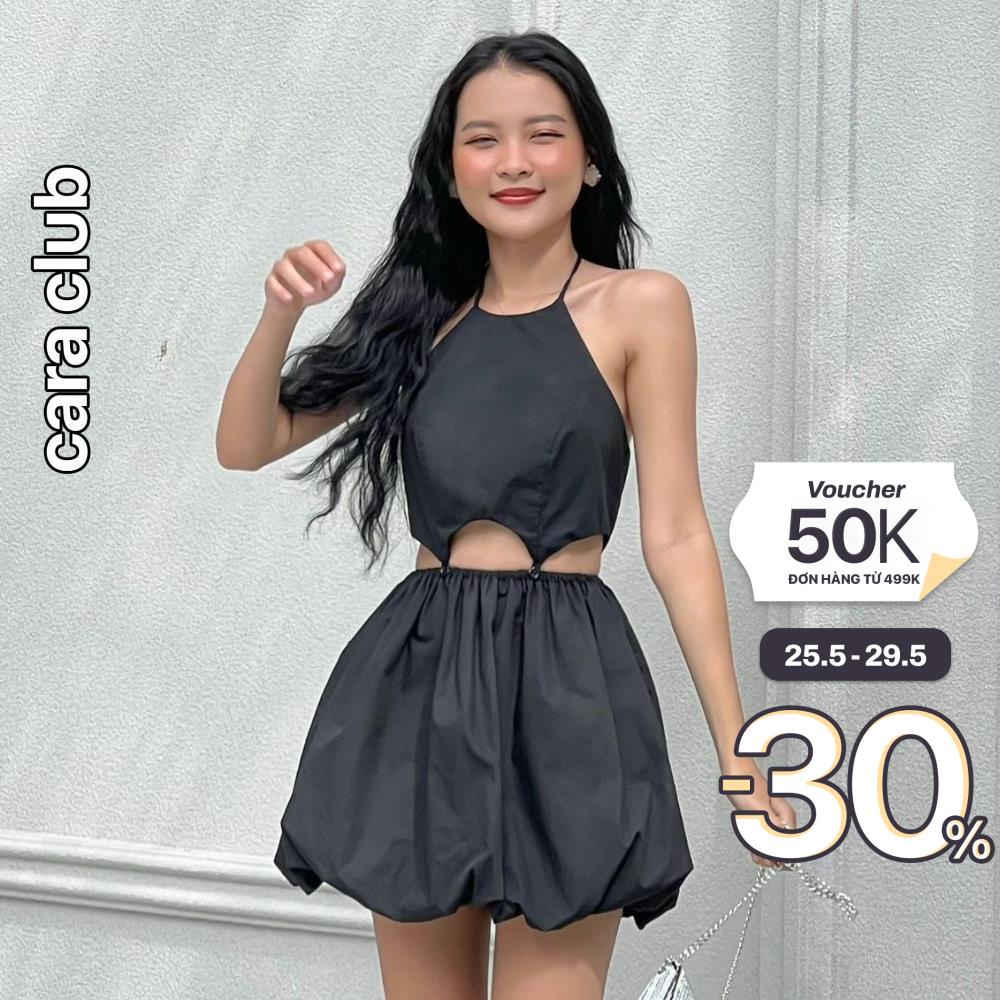 CARA Đầm ngắn nữ Auntie cổ yếm phồng xòe tính năng động phù hợp dạo phố