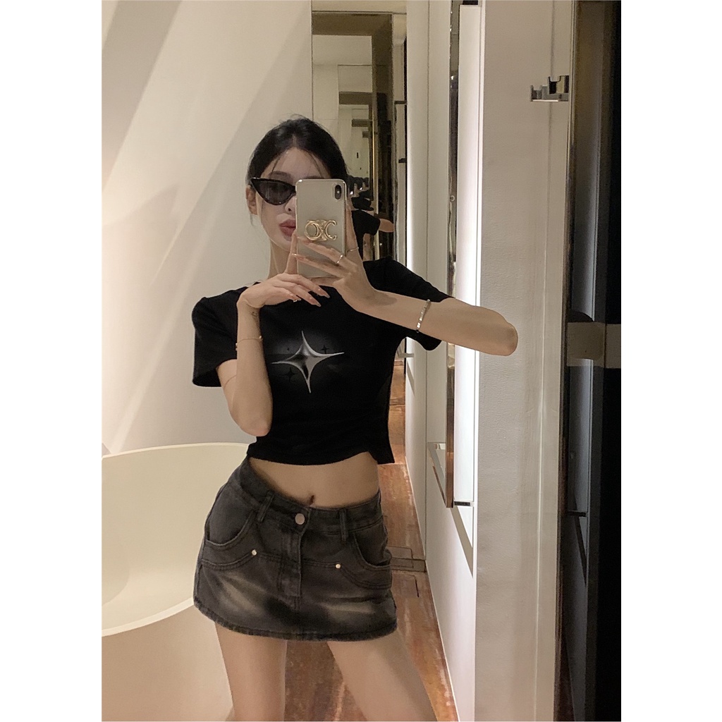 Áo Thun Tay Ngắn Hở Rốn Dáng Ôm In Họa Tiết Màu Sắc Tương Phản Thời Trang Mùa Hè Xinh Xắn Cho Nữ