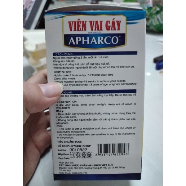 Viên vai gáy Apharco .Giúp lưu thông khí huyết,hỗ trợ mạnh gân cốt,giúp giảm đau mỏi vai gáy,khớp xương