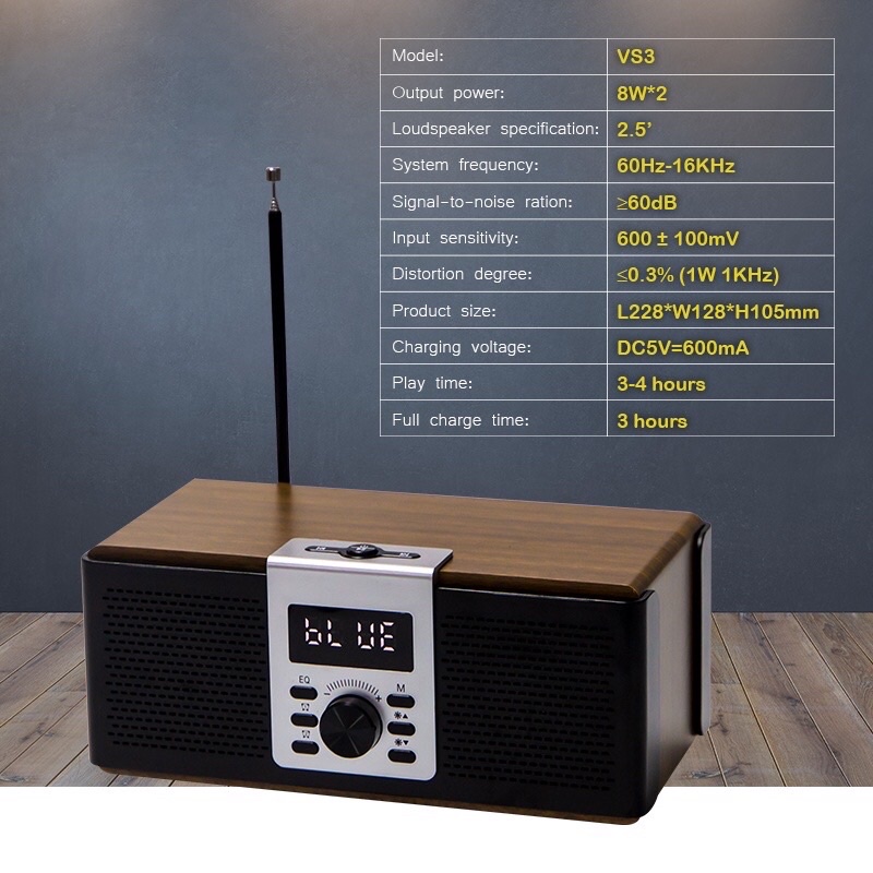 Loa Bluetooth VietStar VS3 Công Suất 16W, Bluetooth 5.0, Pin 4h, FM radio, USB, TF, AUX,Báo thức - Gia Khang Shop