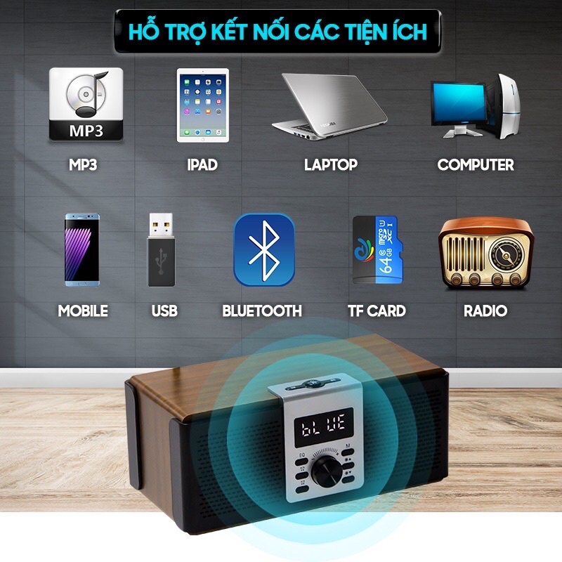 Loa Bluetooth VietStar VS3 Công Suất 16W, Bluetooth 5.0, Pin 4h, FM radio, USB, TF, AUX,Báo thức - Gia Khang Shop