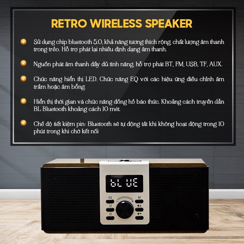 Loa Bluetooth VietStar VS3 Công Suất 16W, Bluetooth 5.0, Pin 4h, FM radio, USB, TF, AUX,Báo thức - Gia Khang Shop