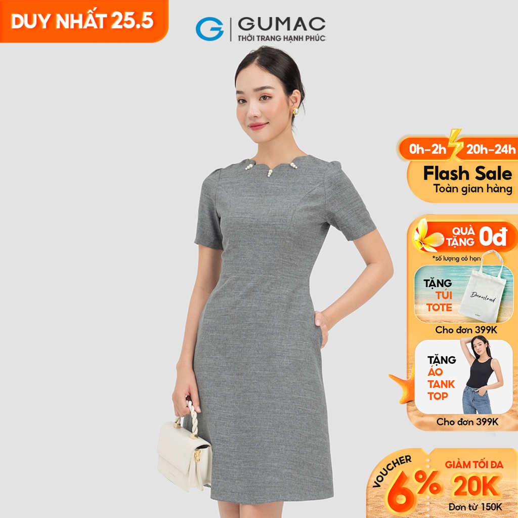 Đầm nữ thời trang GUMAC màu xám dáng chữ A có cổ đính ngọc DC07012